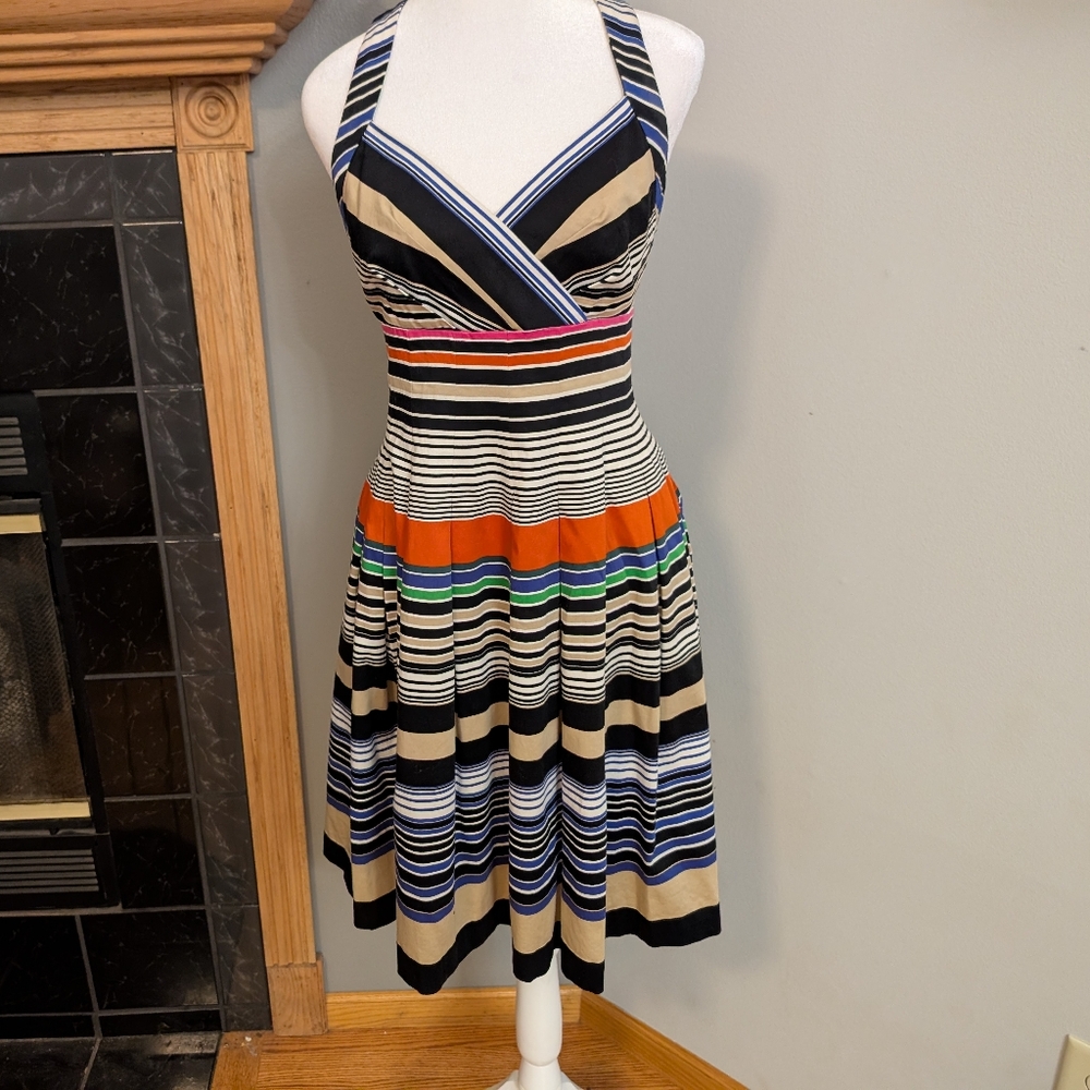 Calvin Klein Dress Size 2 Striped Fit Flare Sweetheart Straps Pleats